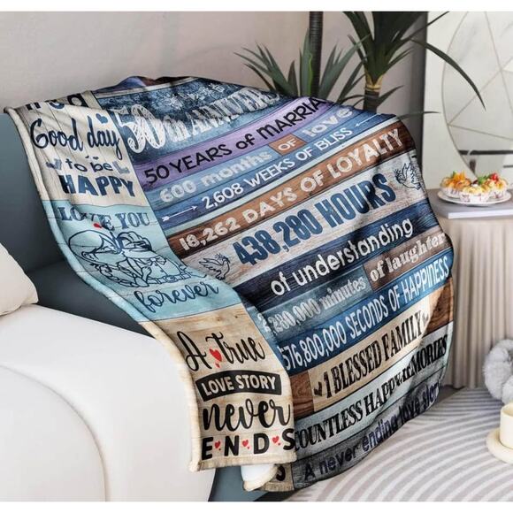 new/sealed: 50th Anniversary Blanket/Decor; golden anniversary - Picture 4 of 5